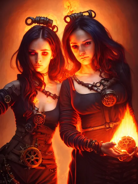 Prompt: a female pyromancer and a female necromancer standing together, lesbians, steampunk, fire and darkness background, detailed face, sharp focus, highly detailed, cinematic lighting, studio quality, colorful, smooth render, unreal engine 5 rendered, octane, rendered, by artgerm, greg rutkowski, alphonse mucha