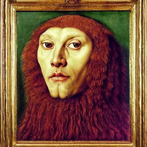 Image similar to portrait of a king with a lions head for a head, oil painting by jan van eyck, northern renaissance art, oil on canvas, wet - on - wet technique, realistic, expressive emotions, intricate textures, illusionistic detail