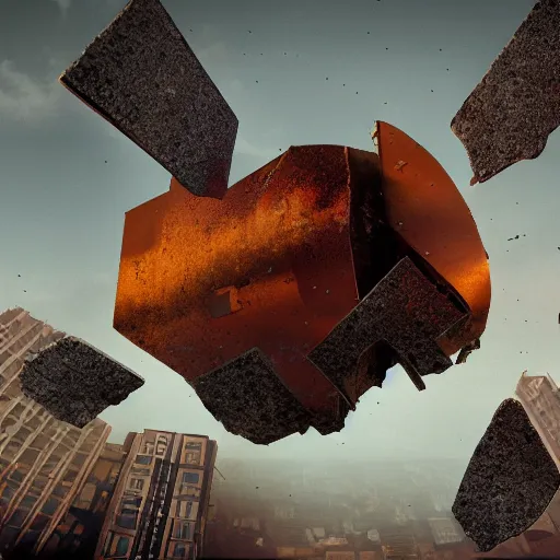 Image similar to cinematic shot of a giant rusty bitcoin broken in half falling over the city, beeple style, Christopher Nolan movie