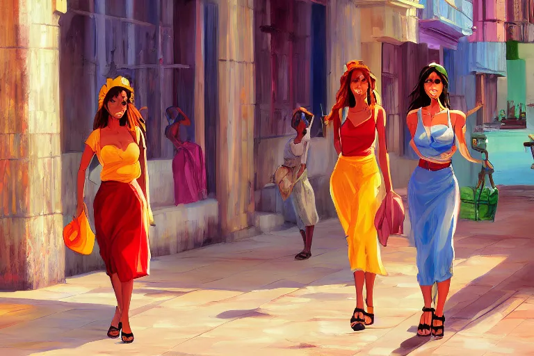 Image similar to concept art, painting of cuban women in havana, digital anime art, good lighting, sunset