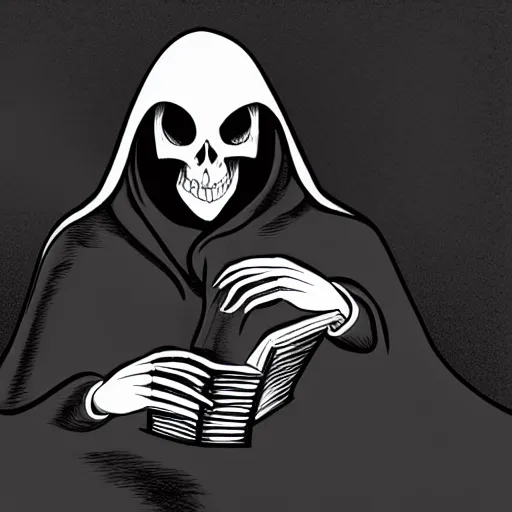 Image similar to Hooded figure with skeleton face reading a book, gothic