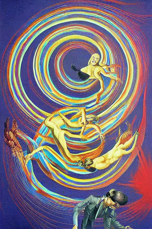 Image similar to optical illusion painting of a couple dancing in a worm hole, illusionism, look twice, mind blow, by damien gilley and salvador dali, detailed