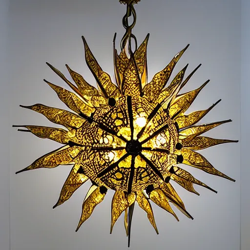 Image similar to chandelier in the shape of a sun with yellow accents designed by tiffany