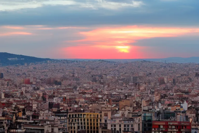 Image similar to views of catastrophic barcelona covered with water and refugees in buildings, global warming, sunset lighting, photo real