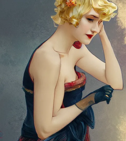 Image similar to Blonde girl in the roaring twenties wearing a dress, digital painting, smooth, elegant, hd, art by WLOP and Artgerm and Greg Rutkowski and Alphonse Mucha