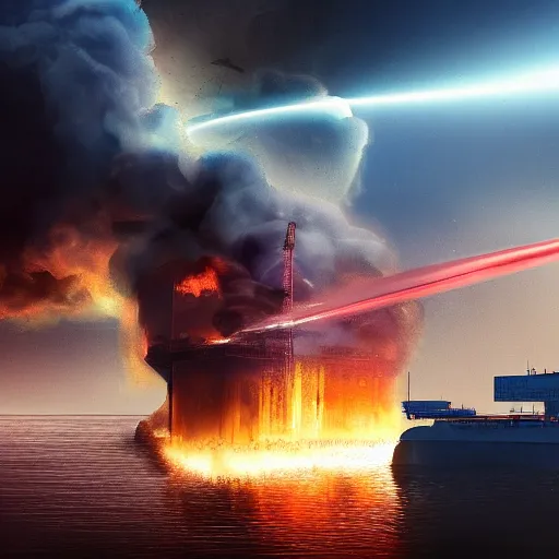 Prompt: big oil tanker on fire, smoke, night, emergency, blue water, cyberpunk, future, helicopters, high detail