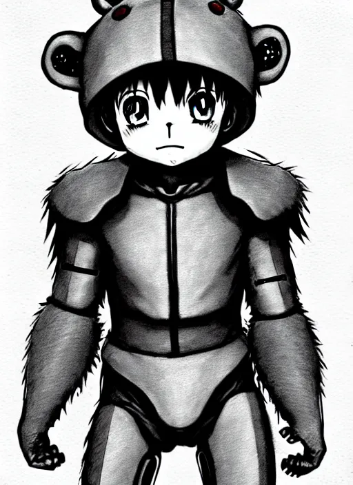 Image similar to beautiful little boy wearing an cyborg bear suit, artwork in kentaro miura and made in abyss and rosdraws, smooth, beautiful lightness, anatomically correct, trending on pixiv, forest