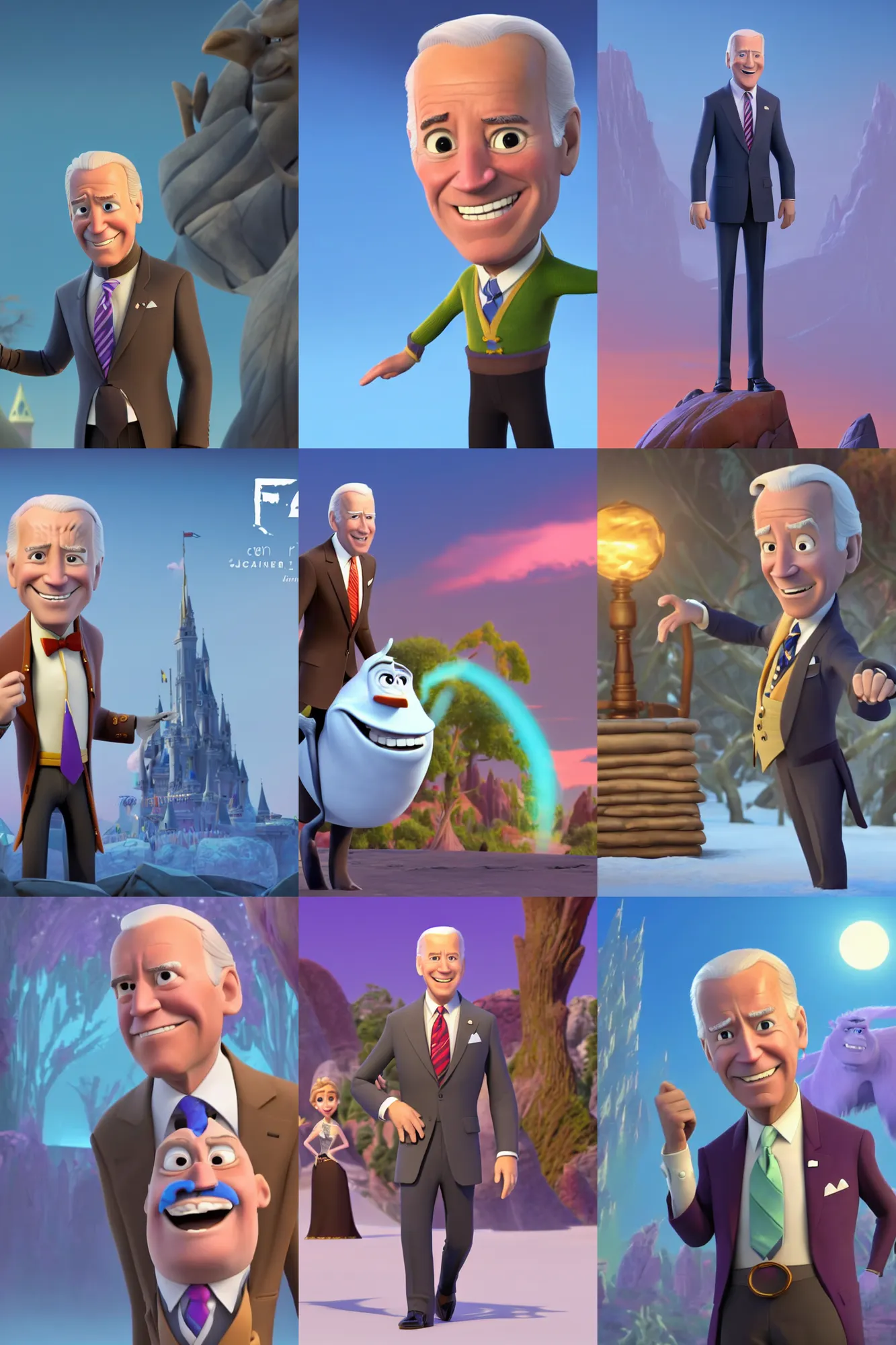 Prompt: a joe biden as a fancy business man in a cult, in, pixar and disney animation character design, sharp, rendered in unreal engine 5, anime key art by disney infinity, frozen, tangled, bloom, dramatic lighting, sunrise, rendered in renderman