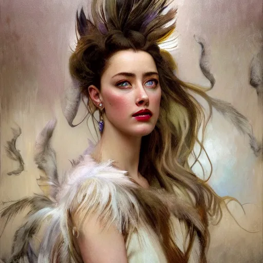 Prompt: hyperrealistic portrait of a woman as amber heard as a saint oracle wearing white swan dress long feathers and sapphire jewellery by jeremy mann and alphonse mucha, fantasy art, photo realistic, dynamic lighting, artstation, poster, volumetric lighting, very detailed faces, 4 k, award winning