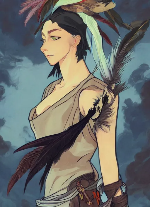 Image similar to concept art painting of an androgynous bird person with human face and black feathers, pirate clothes, detailed, cel shaded, in the style of makoto shinkai and james gurney and alphonse mucha and greg rutkowski and artgerm