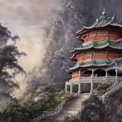 Image similar to dynamic composition, motion, ultra-detailed, incredibly detailed, a lot of details, amazing fine details and brush strokes, colorful and grayish palette, smooth, HD semirealistic anime CG concept art digital painting, watercolor oil painting of epic castle gate, from Three Kingdoms, by a Chinese artist at ArtStation, by Huang Guangjian, Fenghua Zhong, Ruan Jia, Xin Jin and Wei Chang. Realistic artwork of a Chinese videogame, gradients, gentle an harmonic grayish colors.