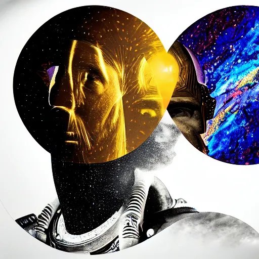 Prompt: double exposure portrait of astronaut and another astronaut with space and time in the the background by davinci, circles, psychedelic, pencil art, high definition, dynamic lighting stars, sharpness, golden ratio