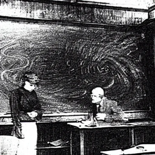 Prompt: a 1900s grainy photo of a university's teacher drawing a black hole on the board