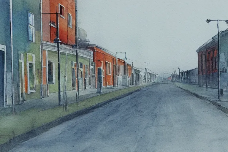 Image similar to a water color painting of a desolate lulea street by lars lerin