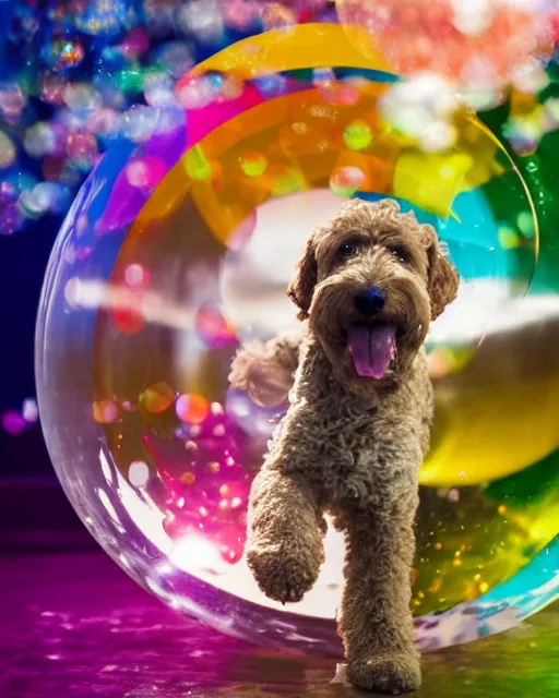 Image similar to stock photos of a golden doodle puppy chasing after giant soap bubbles in a studio