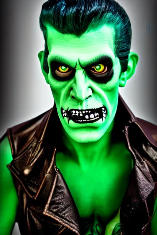 Prompt: Portrait of a young man as a rockabilly Frankenstein's Monster. Rock star Frankenstein. Green-skinned man with blue eyes and striking features. Modeling photography, mood lighting, detailed