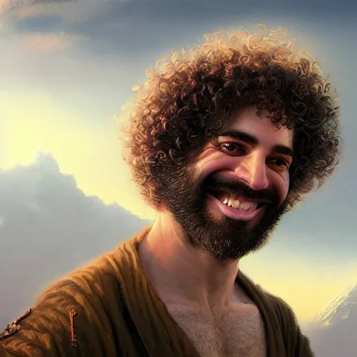 Image similar to a smiling curly - haired persian guy by david a hardy, noriyoshi ohrai, gary ruddell, greg rutkowski highly detailed, cinematic composition, trending on artstation