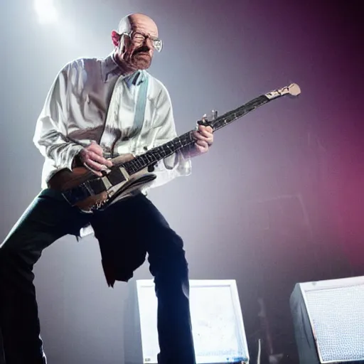 Image similar to Walter white as a rock band member performing live, Stage Photography