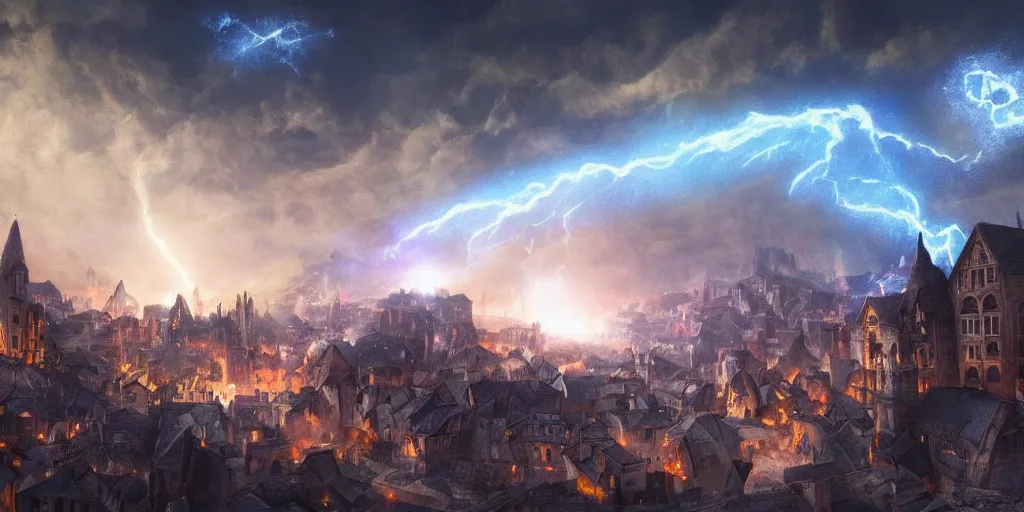 Image similar to A medieval city being destroyed by a meteorite, meteorite surrounded by blue flame, highly detailed, 4k, digital art, trending on artstation, the skies are covered by dark clouds, magic energy in the sky, lightning