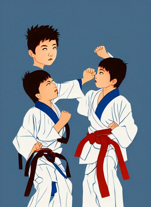 Image similar to two beautiful identical twin boys fighting karate on an hill wearing their kimono, digital illustration, glowing colors, realistic