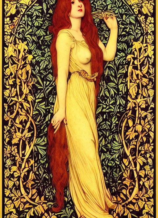 Image similar to masterpiece beautiful seductive flowing curves pose preraphaelite portrait photography, straight bangs, thick body, yellow ochre ornate medieval dress, mushroom forest arch, william morris and kilian eng and mucha, framed, 4 k