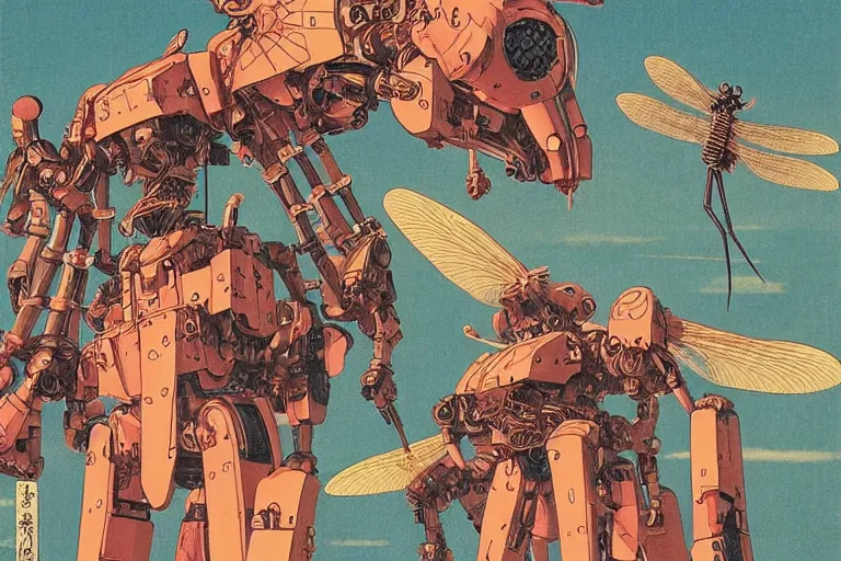 Image similar to gigantic dragonflies with human faces catch tiny robots, a lot of exotic mechas robots around, human heads everywhere, risograph by kawase hasui, dirtyrobot, edward hopper, satoshi kon and moebius, colorful flat surreal design, super - detailed, a lot of tiny details, fullshot