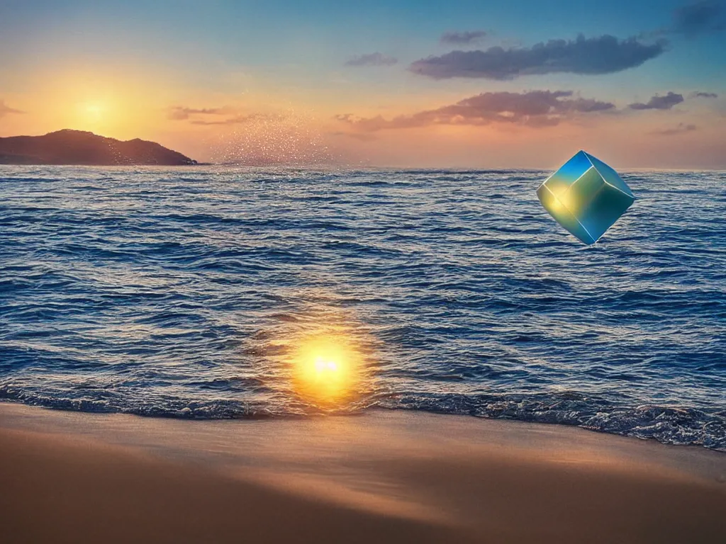 Image similar to a hyper realistic tesseract floating above the waves on a picturesque beach, golden hour, award winning photography, dazzling