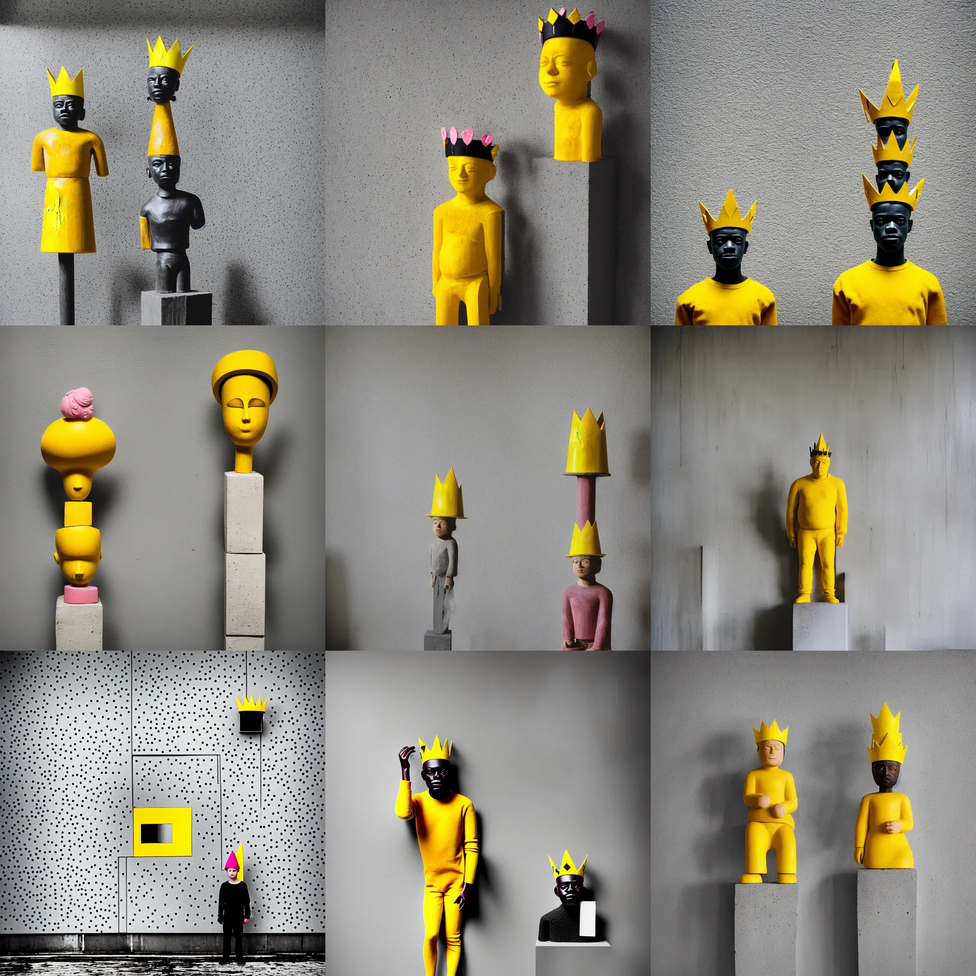 Image similar to kodak portra 4 0 0, 8 k, shot of a highly detailed, britt marling style, colour still - life portrait of a large minimalistic room, rough concrete walls, the wooden statue of a yellow black striped little man with pink crown on his head