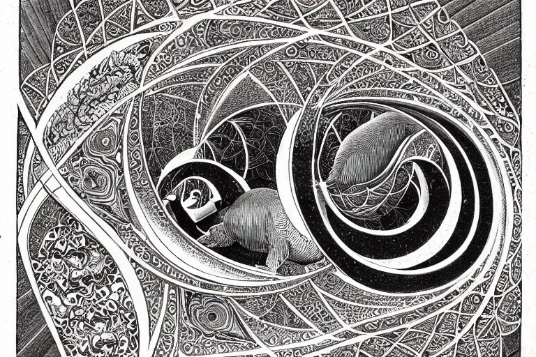 Image similar to an ornate illustration in the styles of mandalas and fractals, the styles of escher and penrose, depicting a weasel staring deep into the heart of the impossible all - and - nothing of the emerging technological singularity ; / what has god wrought? / he seems to be whispering.