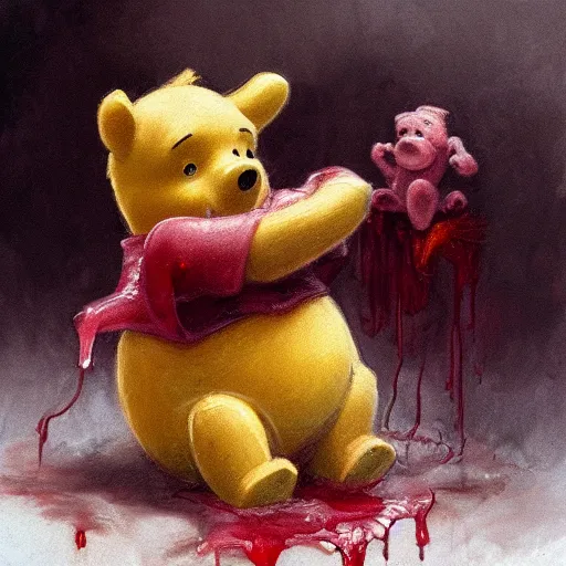 Image similar to close up of winnie the pooh with a severed pigs head dripping blood, cinematographic shot, by daniel f. gerhartz