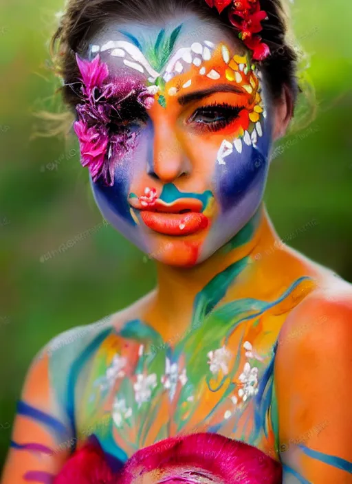 Image similar to stunning portrait photograph of a beautiful woman with her face painted. face painting of beautiful flowers. rich colors.