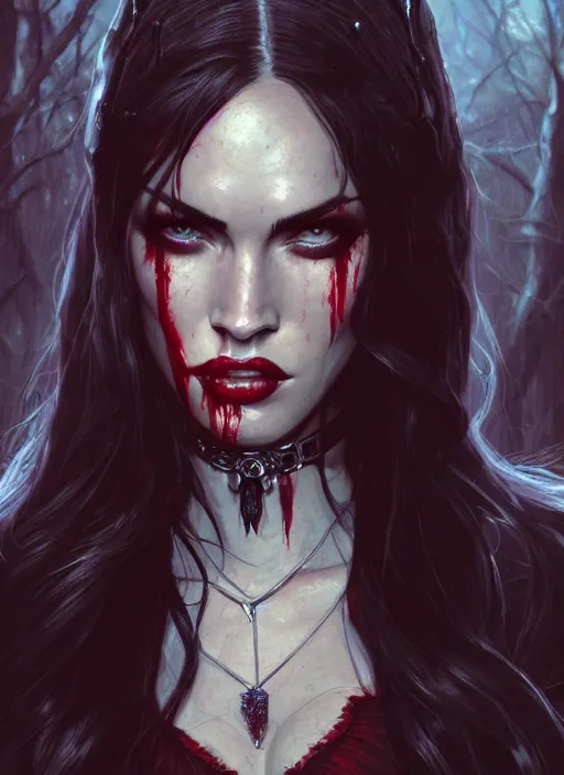 Image similar to portrait of megan fox as a evil vampire queen, bloody tears, jewelry, greek, dark, intricate, headshot, key visual, conceptart, ambient lighting, highly detailed, digital painting, artstation, concept art, sharp focus, by makoto shinkai and akihiko yoshida and greg manchess