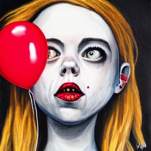 Prompt: grunge painting of billie eilish split down the middle with a wide smile and a red balloon by chris leib, loony toons style, pennywise style, corpse bride style, horror theme, detailed, elegant, intricate