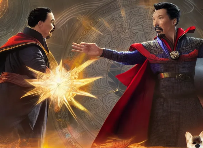 Image similar to dr. strange casting a shield spell in the metaverse with a shiba inu at his feet, hyper realistic, highly detailed, perfect face, smooth, focus, digital art, cinematic