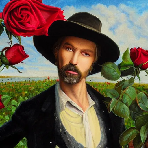 Image similar to a painting of a tall man with blue eyes that is wearing a wide brim hat and a leather vest. He has no facial hair. He is holding a revolver in his left hand and a rose is in his right hand. He is standing in a field of roses.