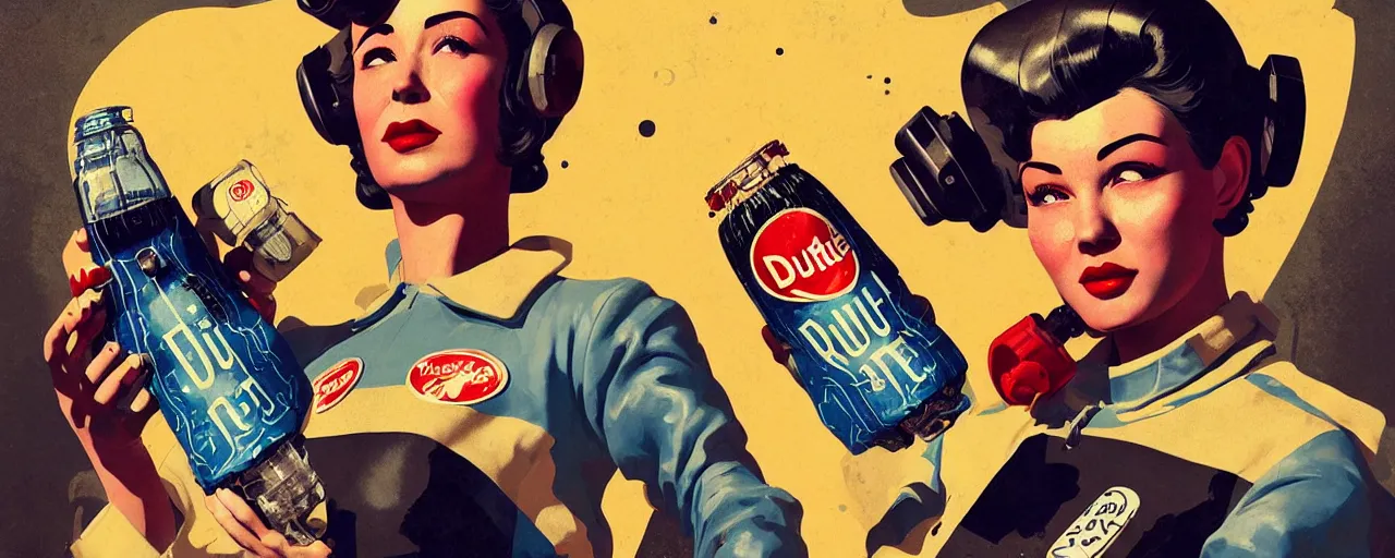 Image similar to duotone noir concept illustration 3 / 4 portrait of vintage female fallout 4 model in retro space suit advertising bottles nuka cola. accidental renaissance. by sachin teng and sergey kolesov and ruan jia and heng z. graffiti art, scifi, fantasy, hyper detailed. octane render. concept art. trending on artstation