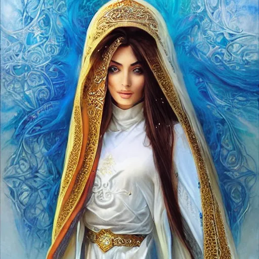 Image similar to a beautiful arabian woman wearing a white kaftan by karol bak, ayami kojima, artgerm, arabian beauty, blue eyes, smile, concept art, fantasy