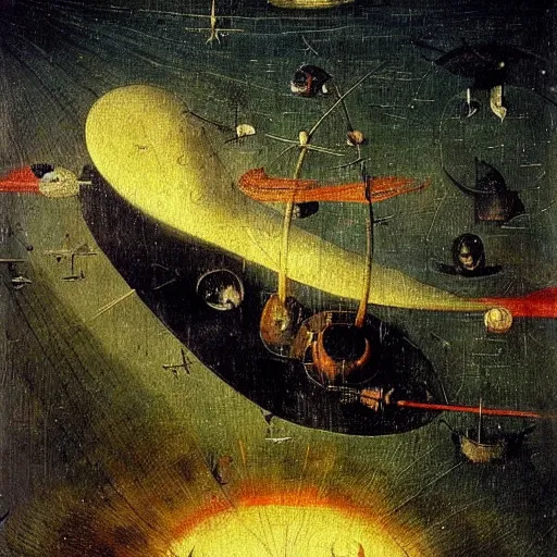 Prompt: A painting of a spaceship burning as it enters Earth's atmosphere, Hieronymus Bosch, sharp, colorful, detailed