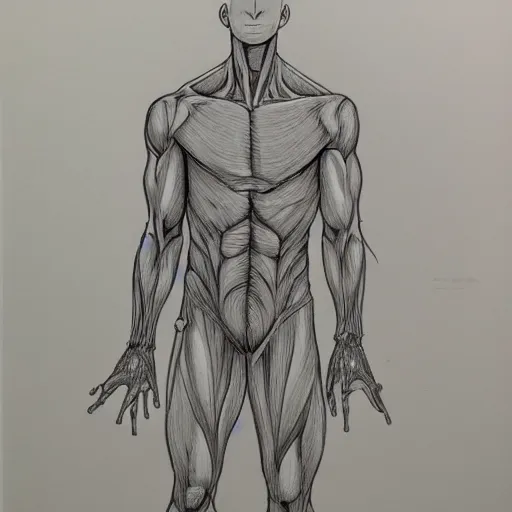 Prompt: anatomical drawing of saitama, medical illustration with labelling, one punch man anime, highly detailed