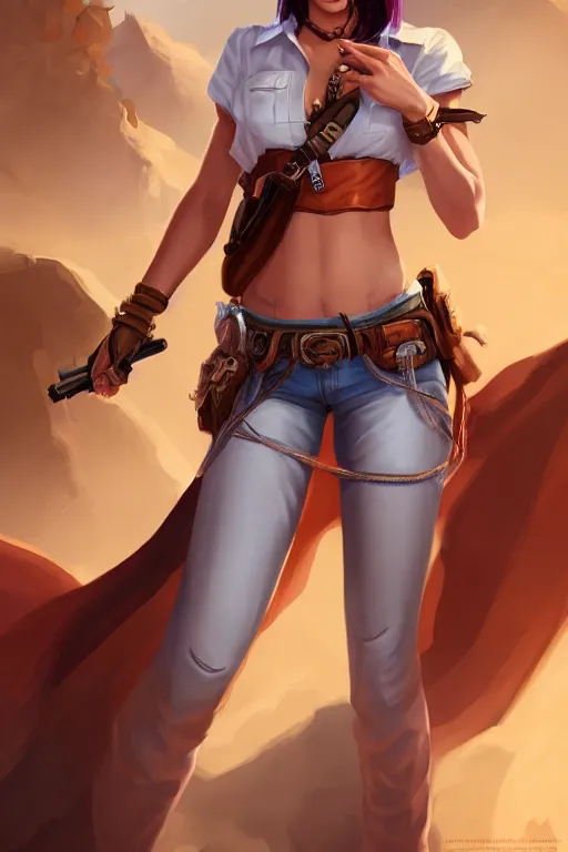 Image similar to full body, female cowgirl, perfect face, white blouse, empty gun holster, 8 k, magic the gathering, desert, d & d, artstation, high detail, smooth, muscular