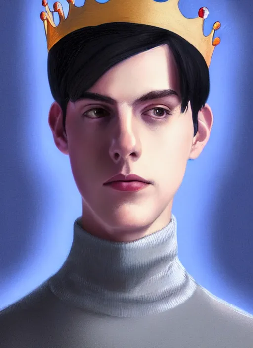 Image similar to portrait of teenage jughead jones wearing a light grey crown, crown, blue turtleneck, 1 9 5 0 s, closed eyes, photorealistic, black hair, glowing lighting, intricate, elegant, glowing lights, highly detailed, digital painting, artstation, concept art, smooth, sharp focus, illustration, art by wlop, mars ravelo and greg rutkowski