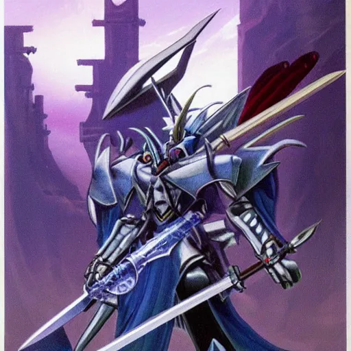 Image similar to concept art of omegamon, sword for left arm and a cannon for right arm, fantasy, valley, heavy fog, wayne barlowe, digimon