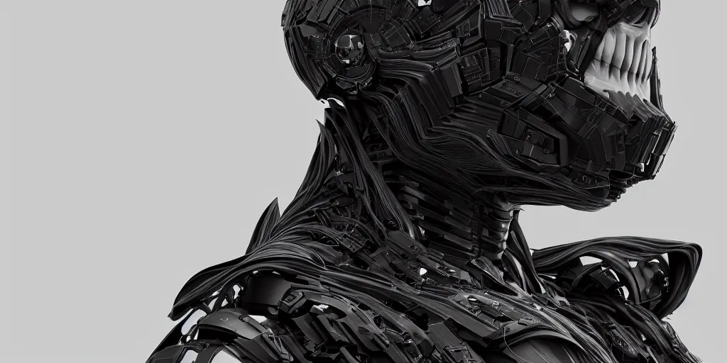 Image similar to ash thorpe - intricate design of black matte carbon futuristic machine face, symmetry, elegant, highly detailed, cg society, artstation, global illumination, octane render, sharp focus, f 2. 8 depth of field, 8 k,