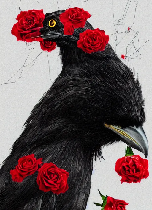 Image similar to portrait, A crow with red eyes in front of the full big moon, book cover, red roses, red white black colors, establishing shot, extremly high detail, foto realistic, cinematic lighting, pen and ink, intricate line drawings, by Yoshitaka Amano, Ruan Jia, Kentaro Miura, Artgerm, post processed, concept art, artstation, matte painting, style by eddie mendoza, raphael lacoste, alex ross