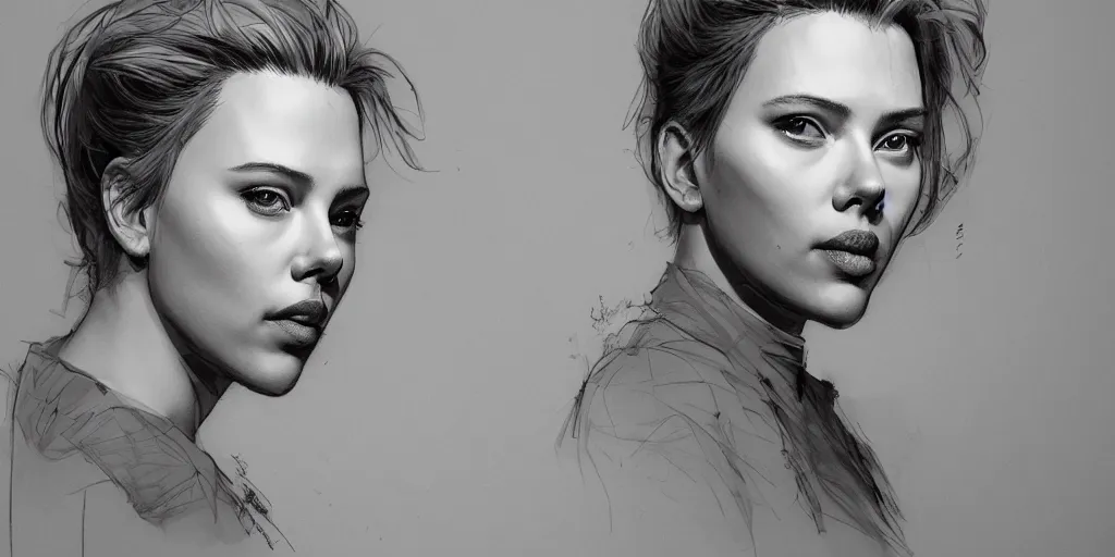 Prompt: Scarlett Johanson portrait, kim jung gi style, Greg Rutkowski, Zabrocki, Karlkka, Jayison Devadas, trending on Artstation, 8K, ultra wide angle, zenith view, pincushion lens effect