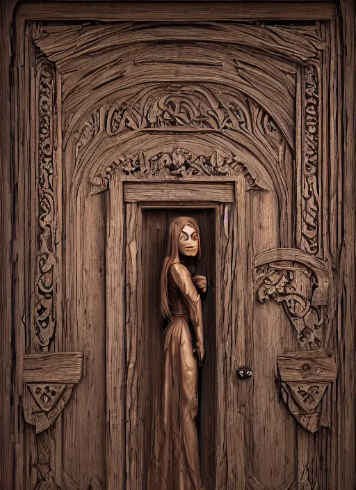 Image similar to a wooden womans faced carved into a wooden door, intricate Details, raphael lacoste, eddie mendoza, alex ross, john howe, concept art, matte painting, highly detailed, rule of thirds, dynamic lighting, cinematic, detailed, denoised, centerd, clean render