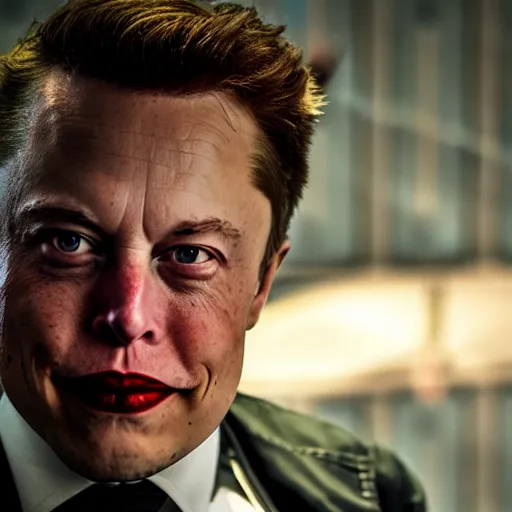 Prompt: stunning awe inspiring ( elon musk ) playing the joker movie still 8 k hdr atmospheric lighting