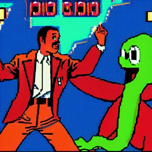 Image similar to beautiful still from retro snes arcade game featuring gene kelly demanding a refund on undercooked overpriced dinosaur steak in downtown dive bar bistro, hyperreal detailed facial features and uv lighting, retro nintendo bitmap pixel art