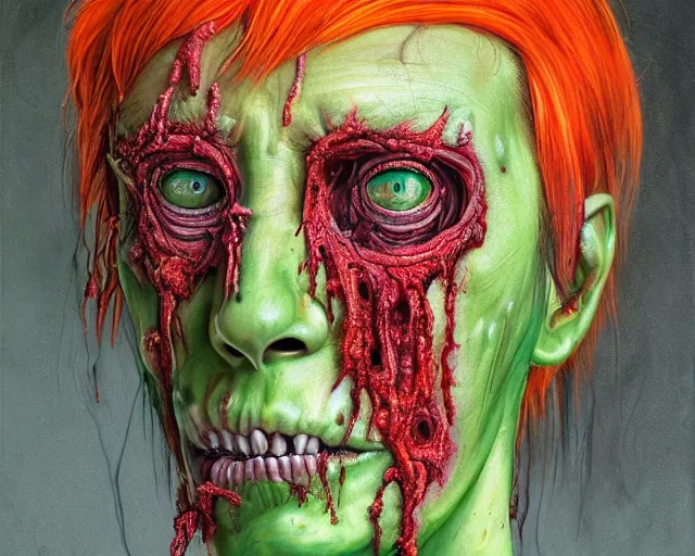 Prompt: Haunting horrifying hyperrealistic detailed character portrait painting of a zombie made of green skin with long orange hair, vibrant, very colorful, 1980s metal artwork, dystopian feel, heavy metal, disgusting, creepy, unsettling, in the style of Michael Whelan and Zdzisław Beksiński, lovecraftian, hyper detailed, trending on Artstation