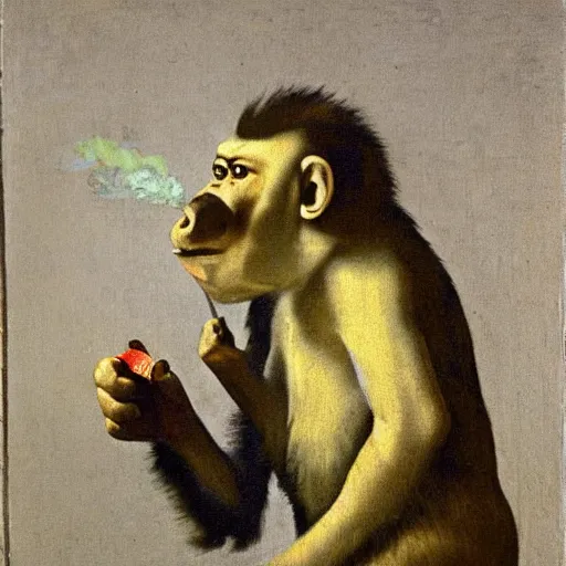 Prompt: Monkey with a cigar in his mouth and smoke coming out, oil on canvas, by Johannes Vermeer